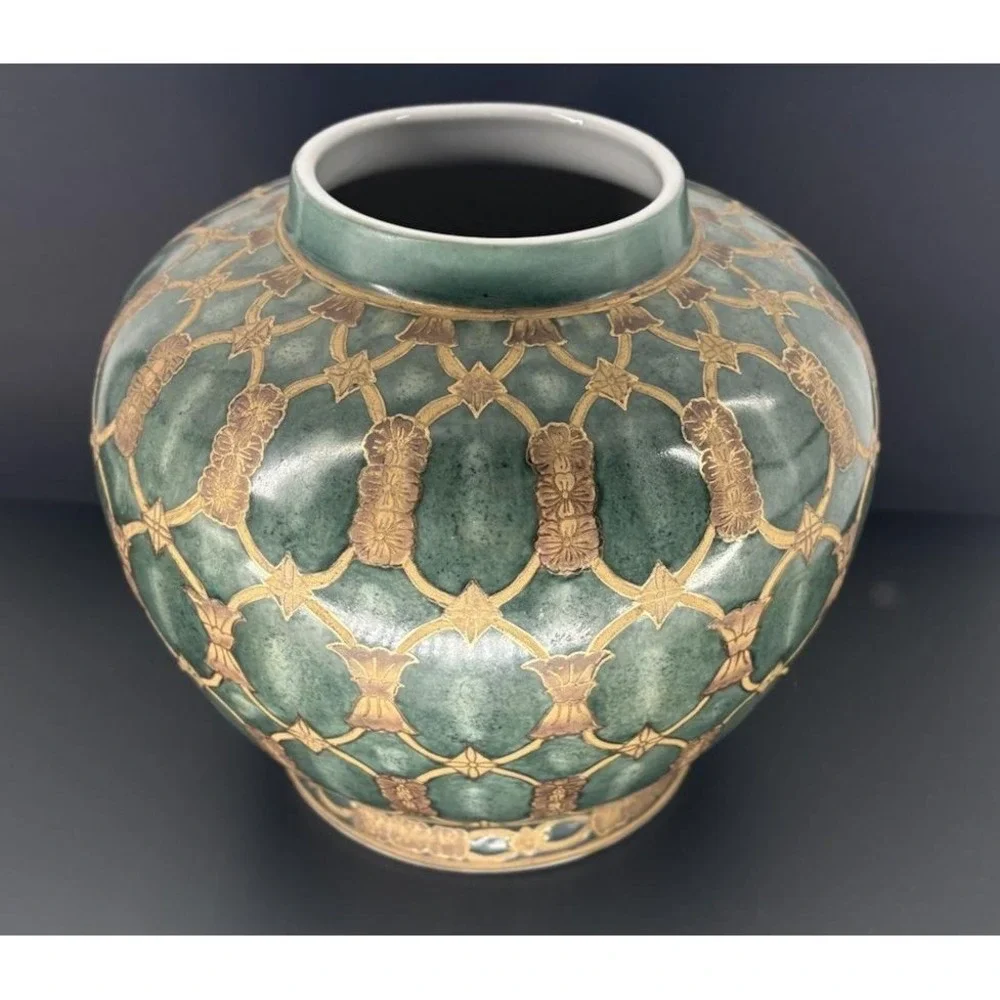 Green Gold Cloisonné Decorative Short Vase